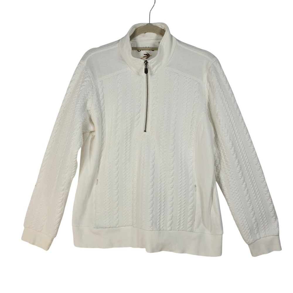 Orvis Womens Off White Quilted Cable Knit Quarter Zip Pullover Sweatshirt Large